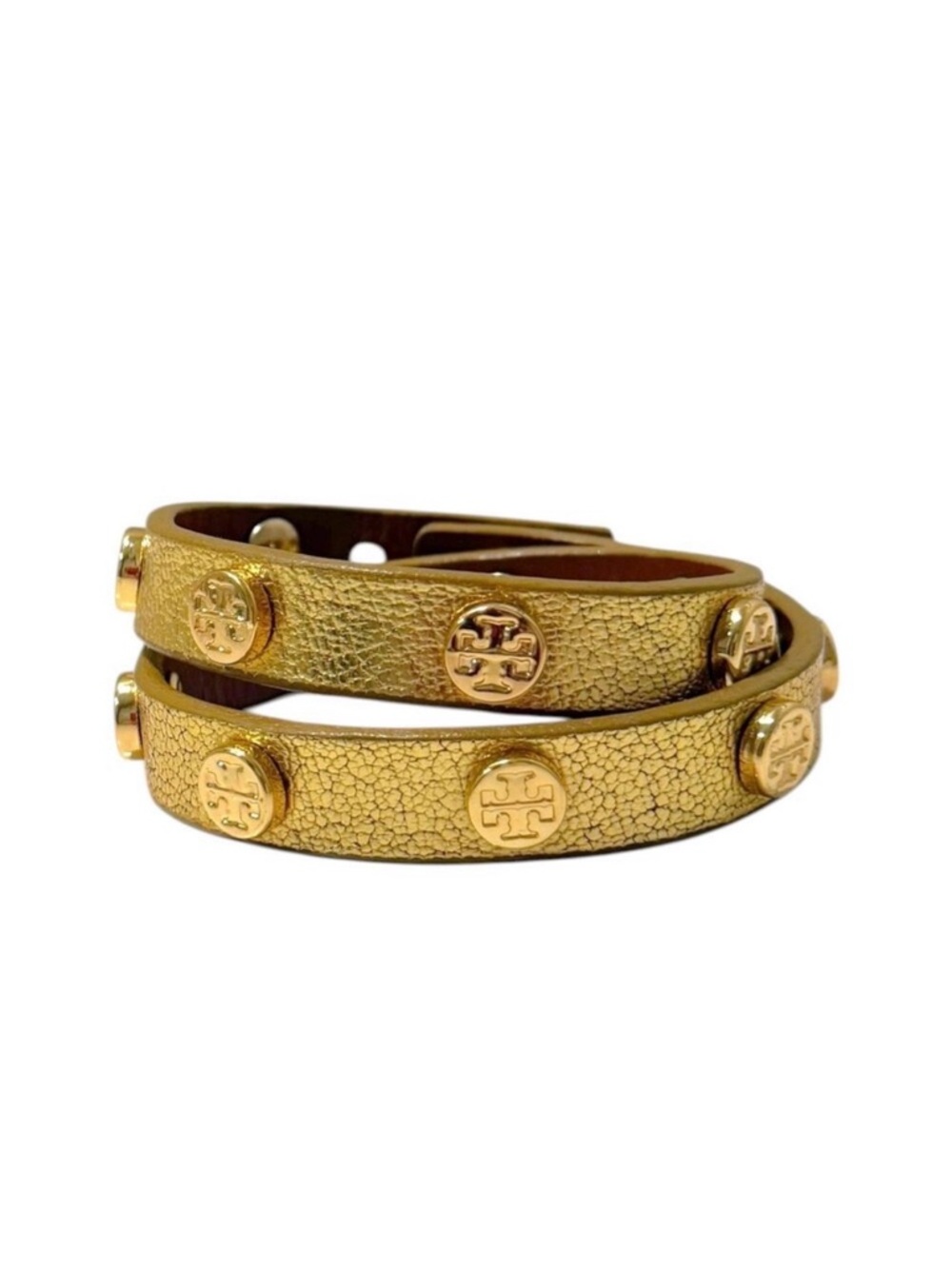 Tory Burch Double Wrap Logo-Studded Bracelet Gold Leather Logo Metallic NEW